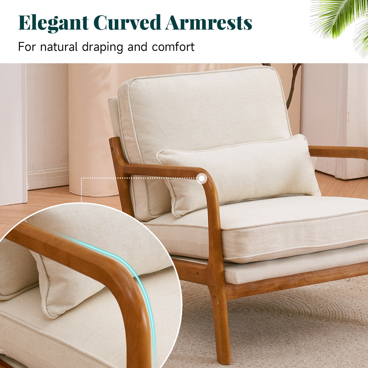 Lemley Mid Century Solid Wood Accent Chair Upholstered Armchair with an Extra Pillow